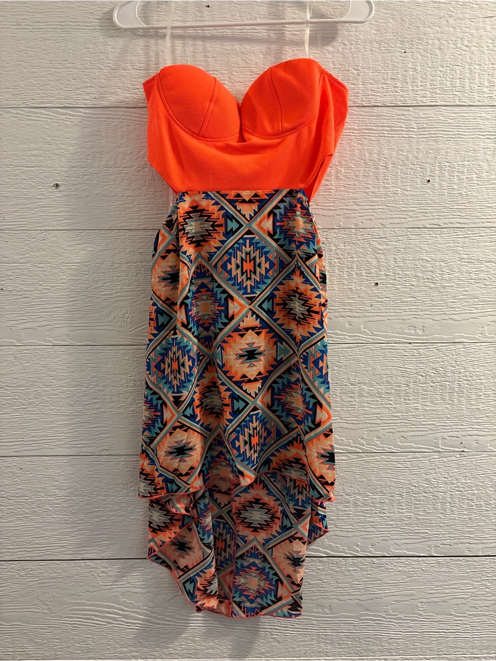 Y2K Rue21 Orange Strapless Bustier & Aztec Print High-Low Dress